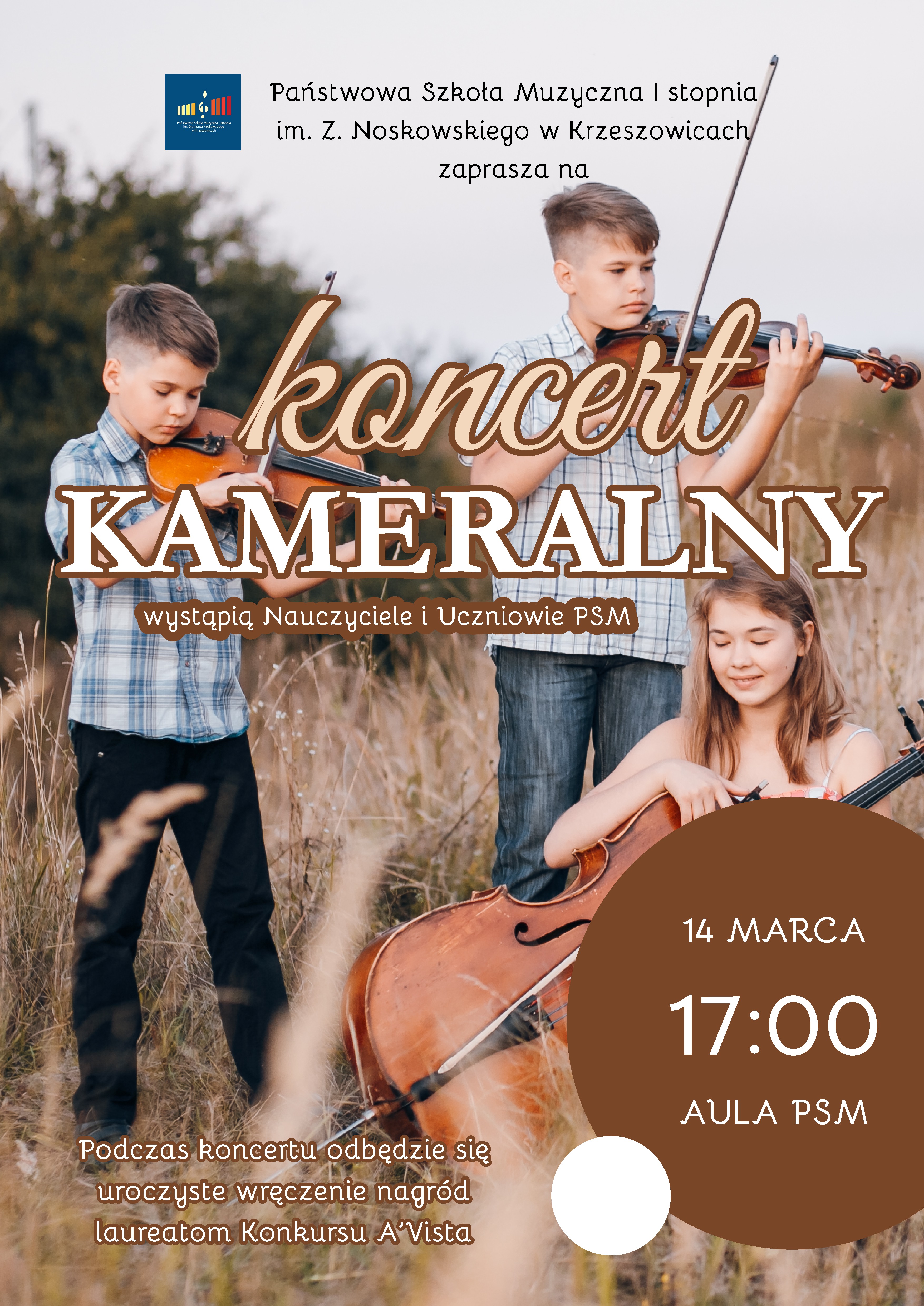 Plakat, zdjęcie dzieci z instrumentami smyczkowymi na łące. na górze logo PSM I stopnia w Krzeszowicach i napis Państwowa Szkoła Muzyczna I stopnia w Krzeszowicach zaprasza na Koncert Muzyki Kameralnej, Wystąpią: uczniowie i nauczyciele PSM Niżej napis 14 marca 17:00 Aula PSM Krzeszowice. 