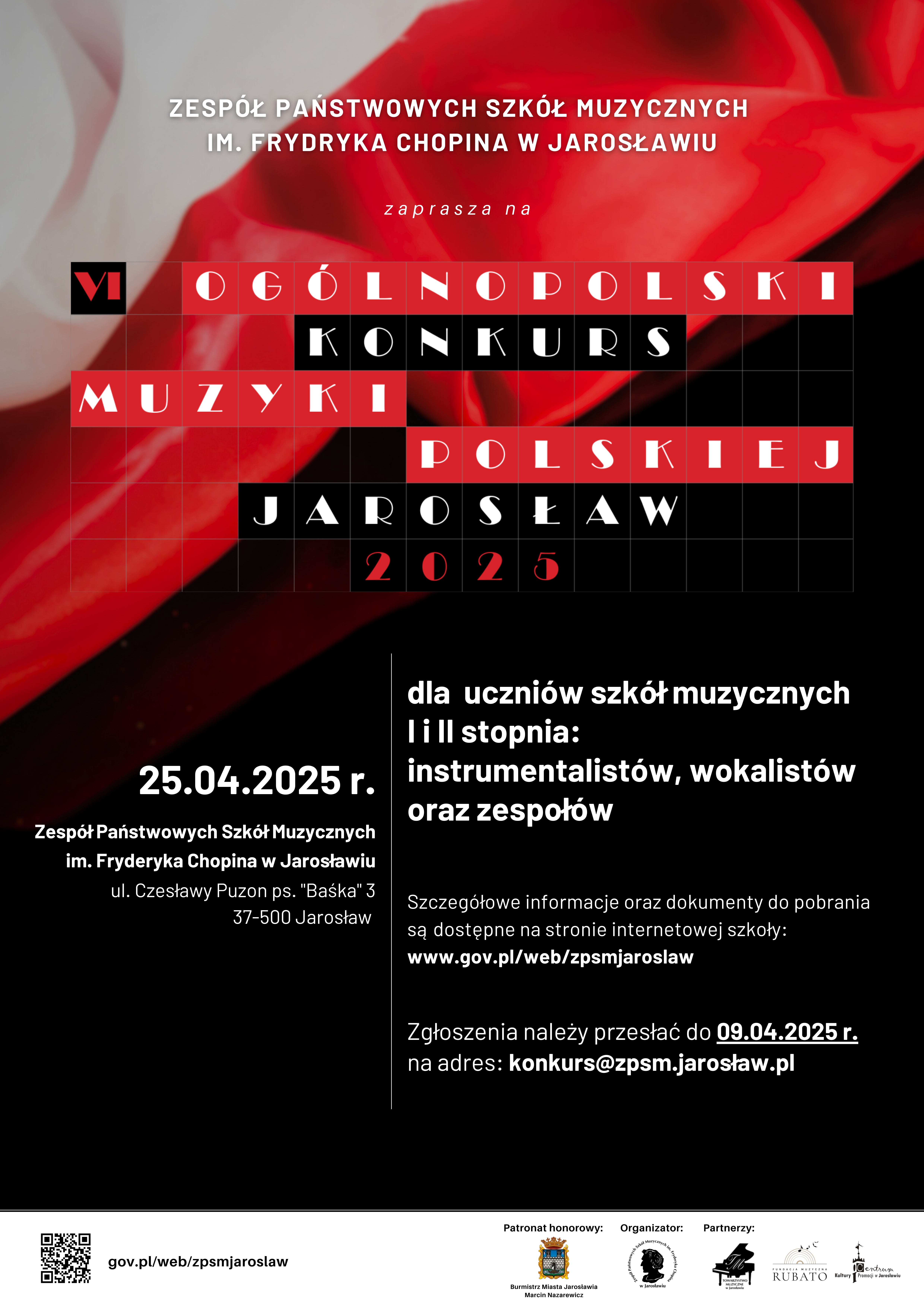 Plakat w kolorach czerwonym i czarnym zaprasza na V Ogólnopolski Konkurs Muzyki Polskiej w Jarosławiu. W górnej części plakatu, na czerwonym tle, widnieje biały napis: "ZESPÓŁ PAŃSTWOWYCH SZKÓŁ MUZYCZNYCH IM. FRYDERYKA CHOPINA W JAROSŁAWIU" oraz mniejszy napis "zaprasza na".