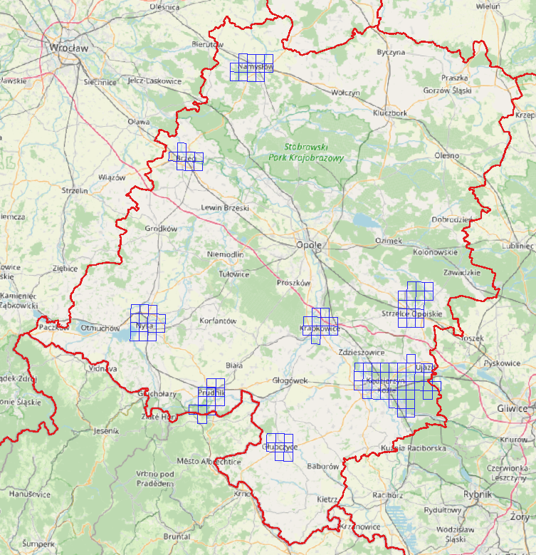Ilustracja przedstawia zrzut ekranu z zasięgiem nowo przyjętych danych dla obszaru województwa opolskiego