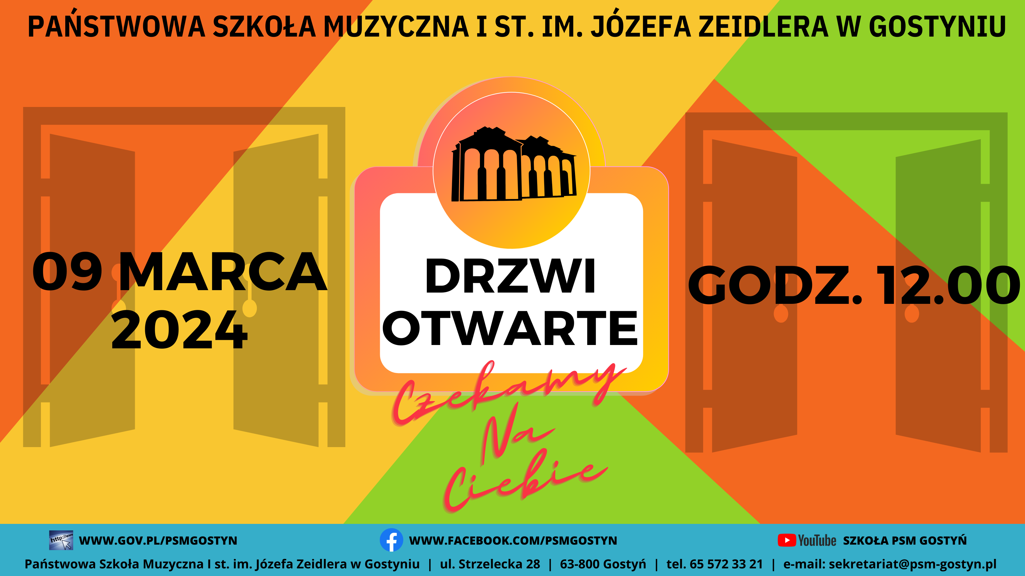 Plakat przedstawia informacje o dniach otwartych Na środku jest logo szkoły w pomarańczowym okręgu, a po bokach ikona otwartych drzwi. Całość jest na kolorowym tle - poprzeczne pasy żółte, zielone i pomarańczowe. Na górze jest pełna nazwa szkoły, a na dole niebieski pasek z mediami społecznościowymi oraz informacjami teleadresowym