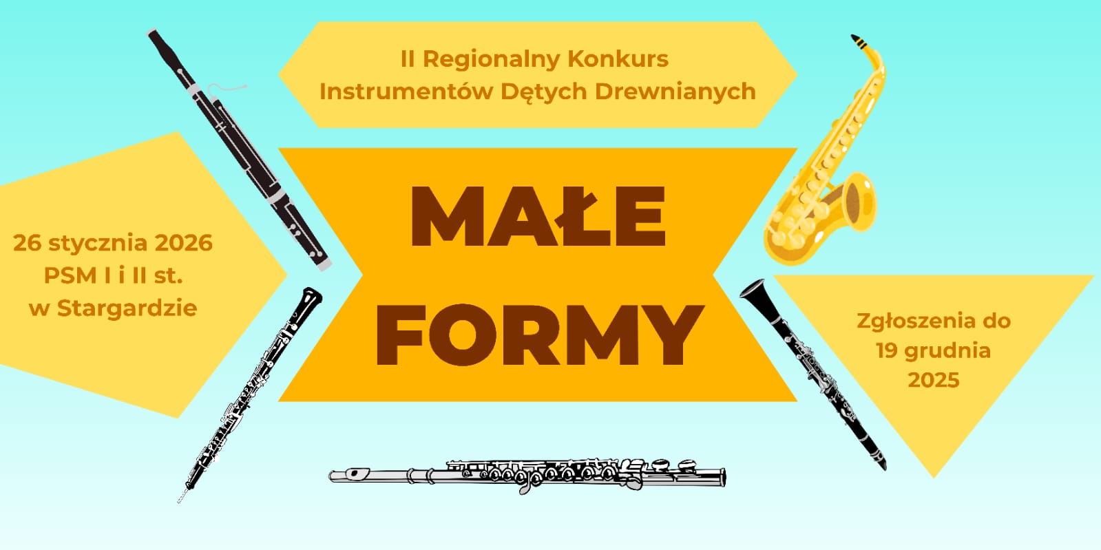 Baner przedstawia napis informujący o 2. Regionalnym Konkursie Instrumentów Dętych Drewnianych 