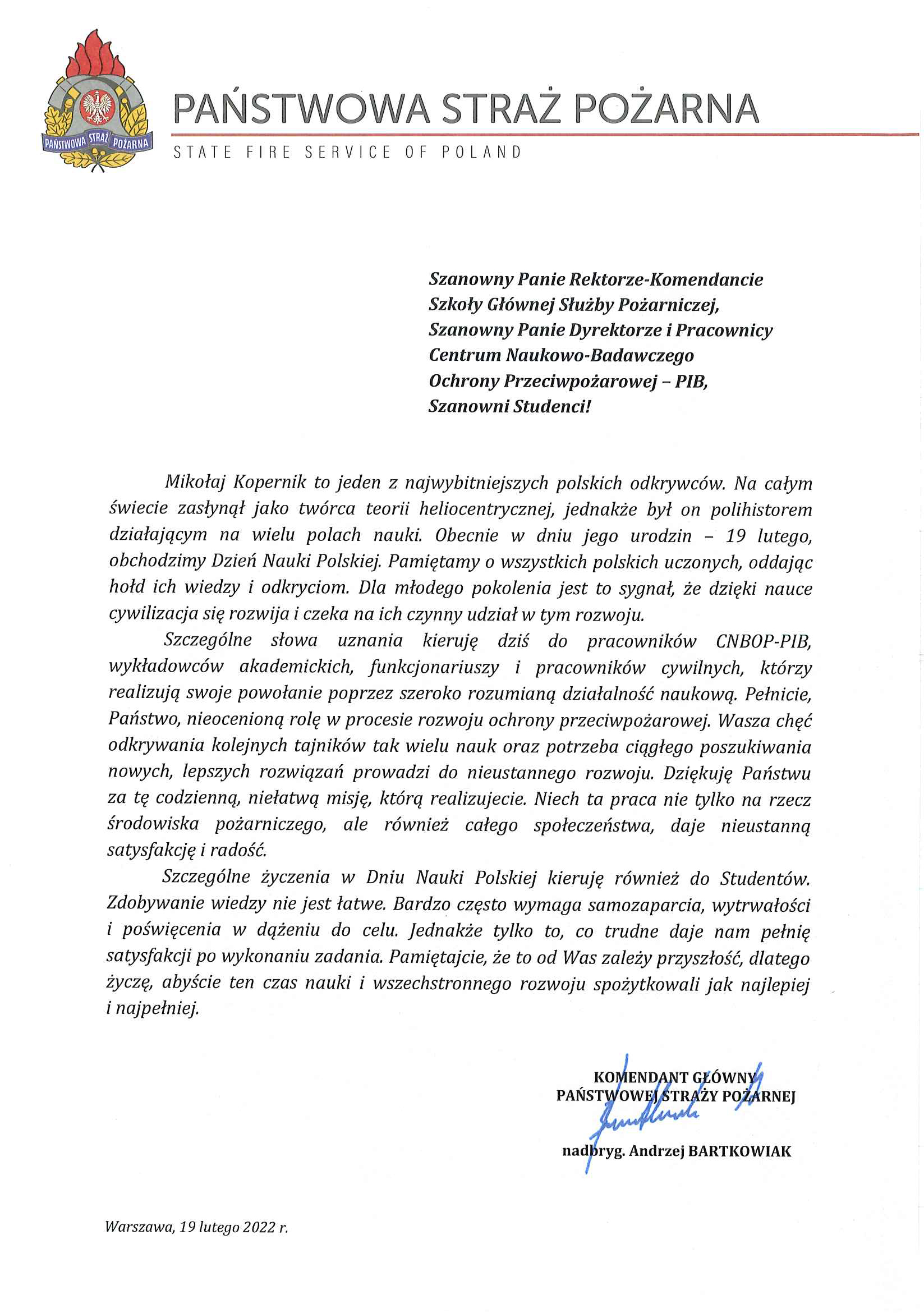 Życzenia Komendanta Głównego z okazji Dnia Nauki Polskiej