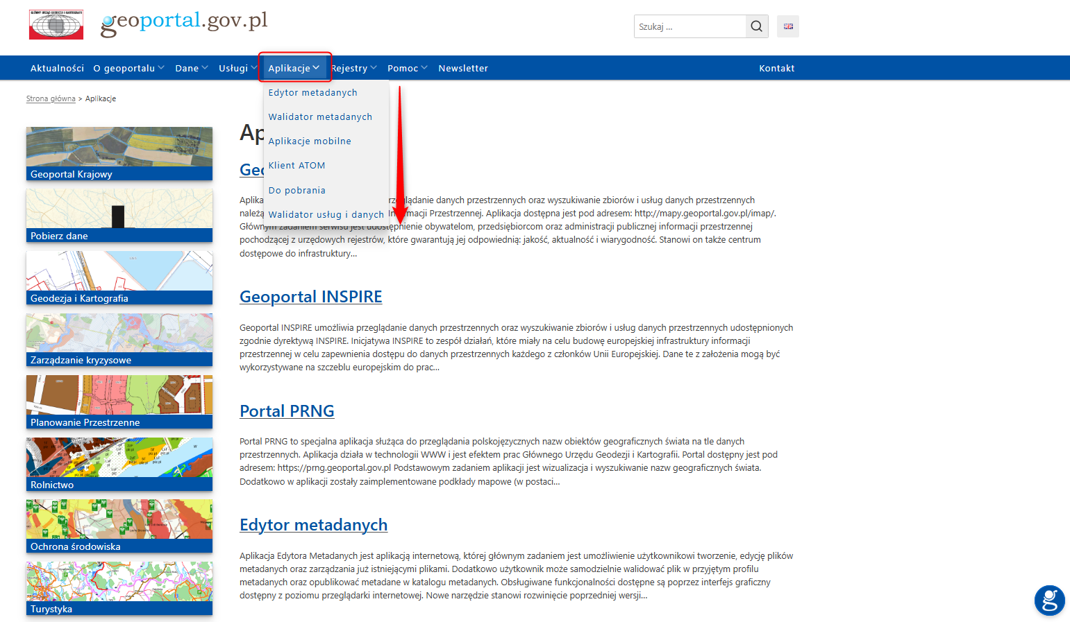 Widok zakładki "Aplikacje" na stronie www.geoportal.gov.pl