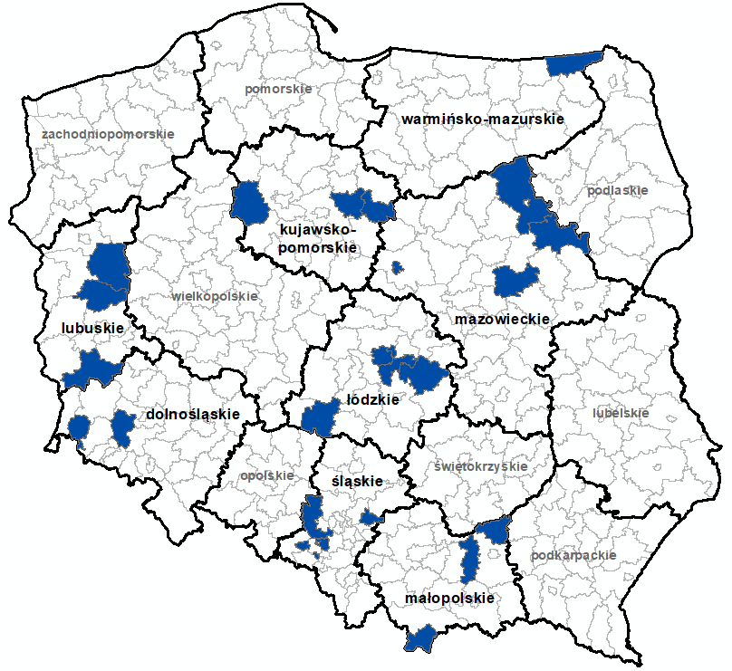 Ilustracja przedstawia obszary powiatów objętych aktualizacją zbiorów danych BDOT10k.