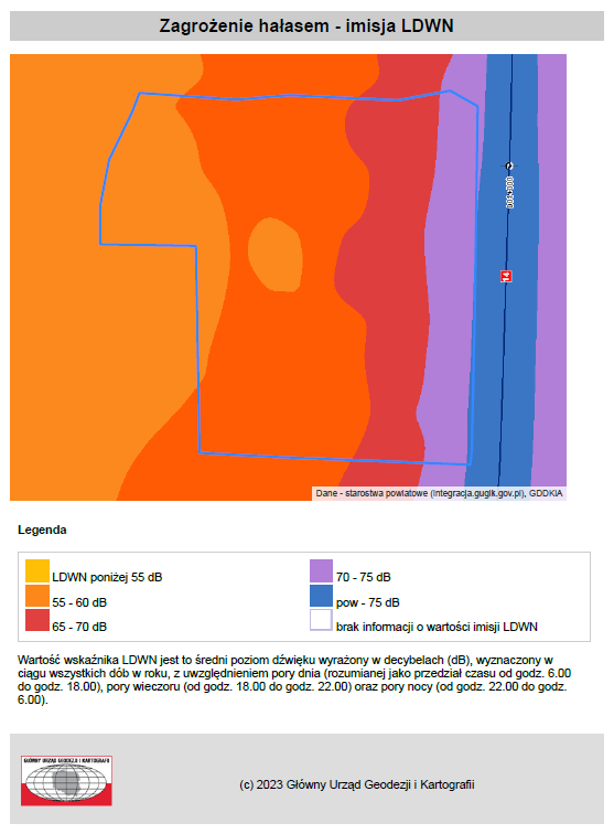Ilustracja prezentuje sekcje raportu o działce dotyczącą zagrożenia hałasem