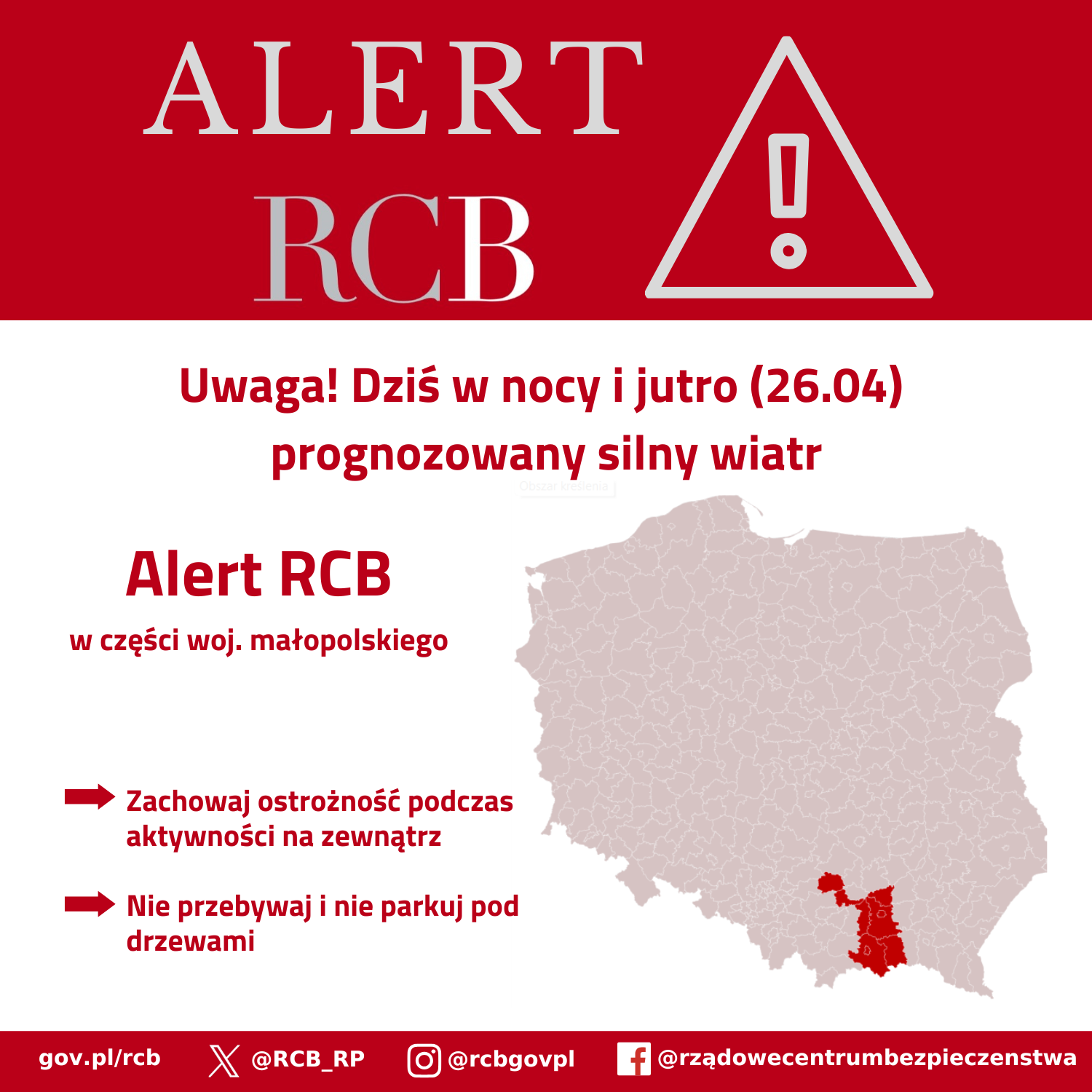 Alert RCB - silny wiatr (26.04)