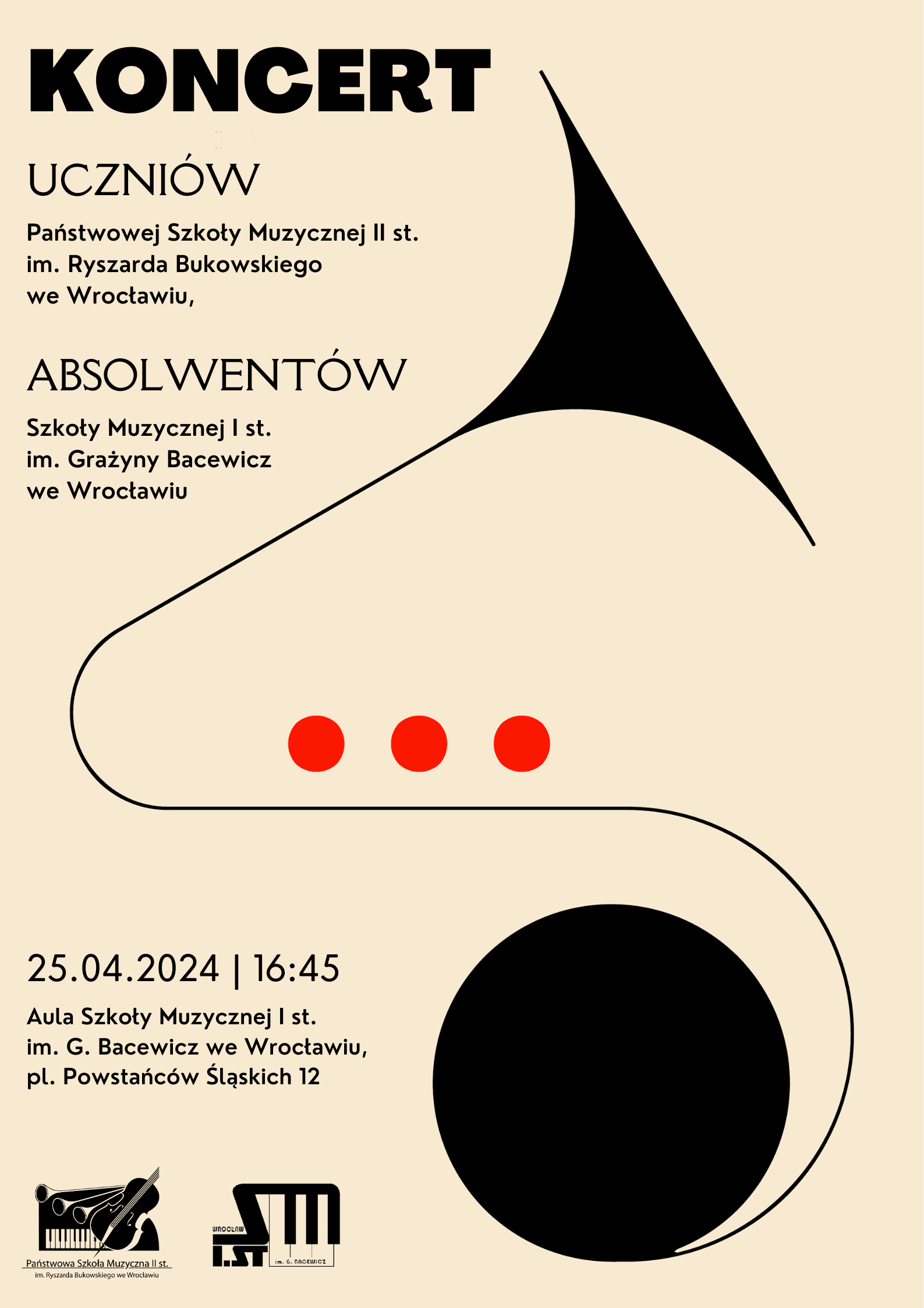 Plakat informujący o koncercie uczniów Państwowej Szkoły Muzycznej II stopnia we Wrocławiu . Na kremowym tle czarny element graficzny przedstawijący trąbkę Z lewej strony tekst w kolorze czarnym. w dolnym lewym rogu logo PSM II st. i SM I st.