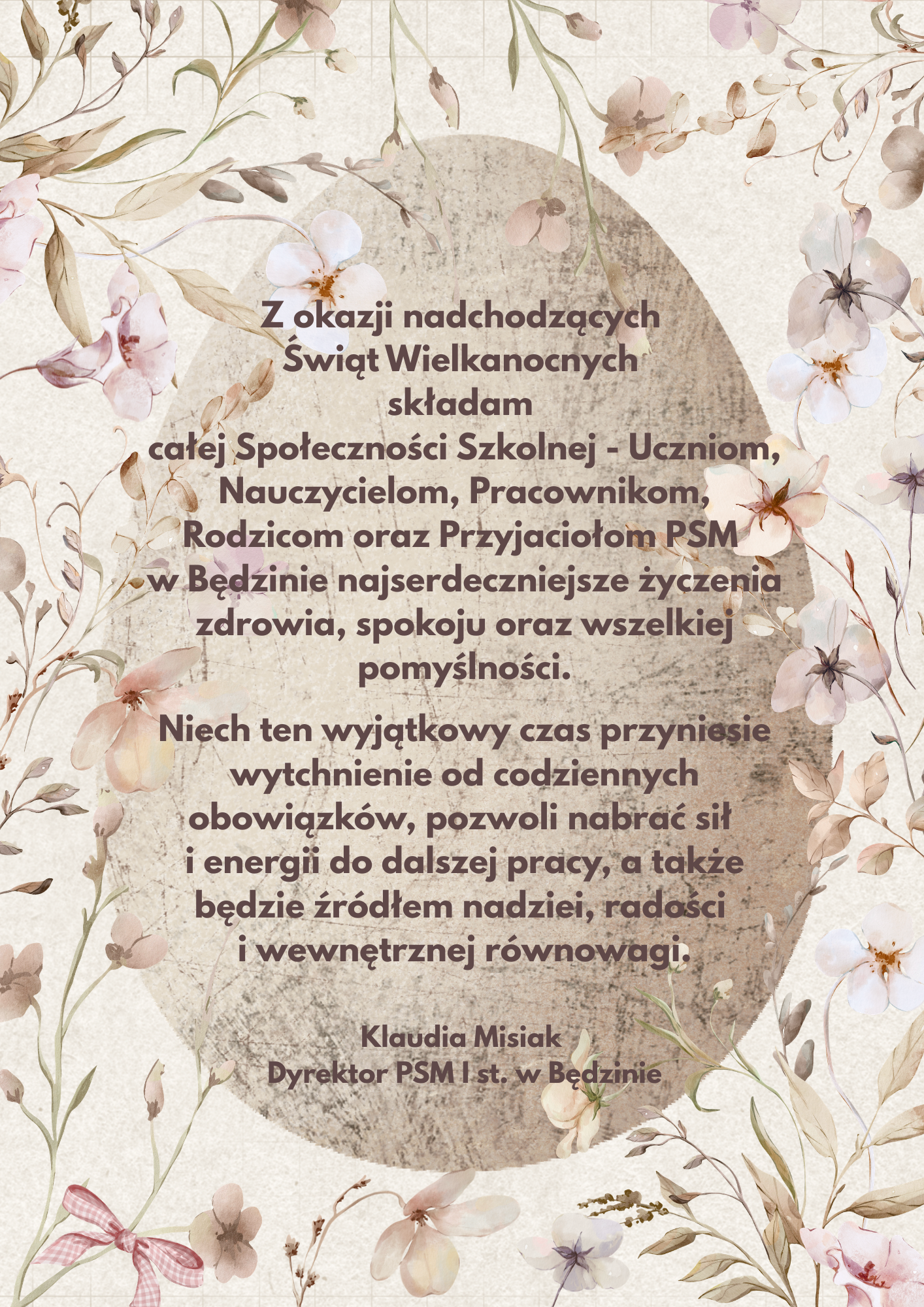 plakat na jasnym tle, na środku beżowe jajko w tle, wokół gałązki kwiatów, na środku życzenia