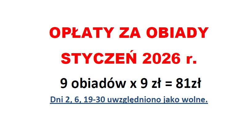 Opłaty za obiady w miesiącu styczeń 2026