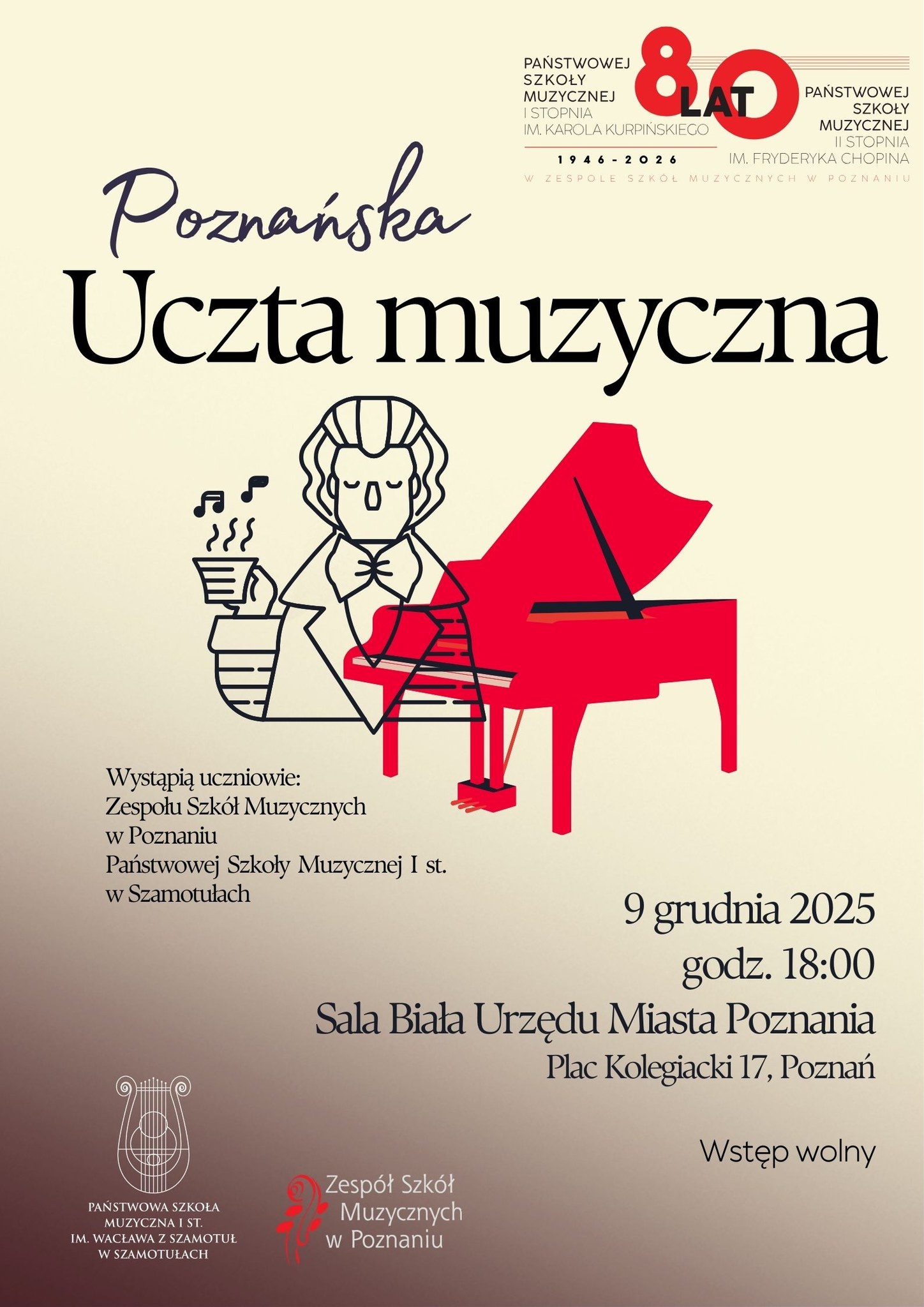 Plakat z widoczną sylwetką kompozytora informujący o koncercie uczniów poznańskim urzędzie miasta