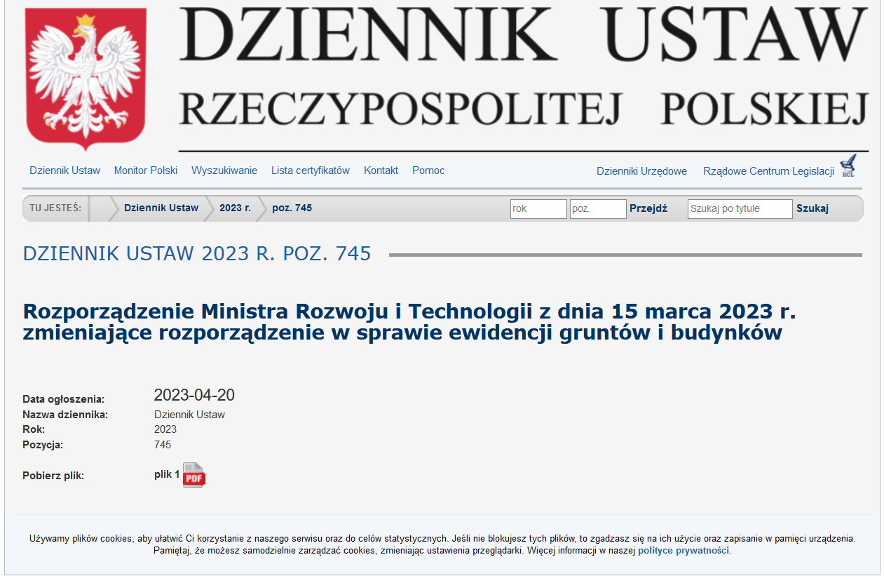 Zrzut ekranu ze strony Dziennika Urzędowego, prezentującej informacje o publikacji rozporządzenia