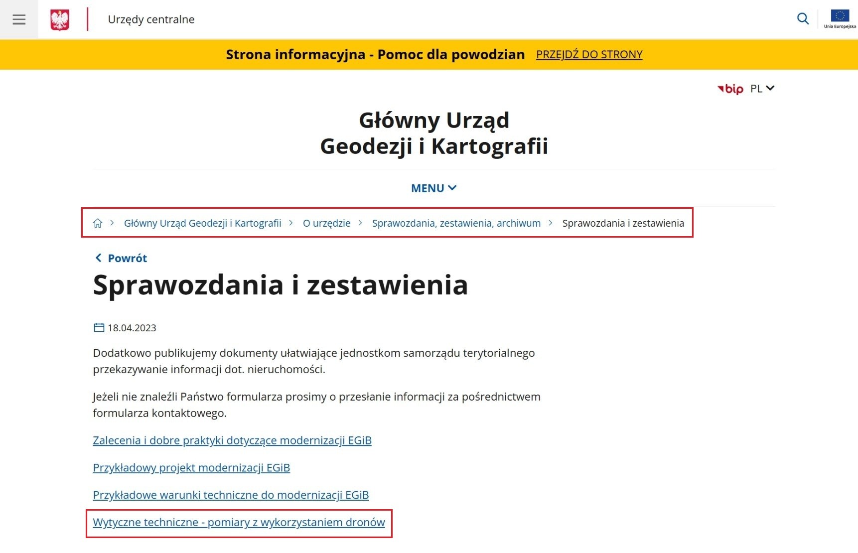 Ilustracja przedstawia zrzut ekranu prezentujący lokalizację dokumentu wytyczne techniczne w zakresie geodezyjnych pomiarów sytuacyjnych realizowanych z wykorzystaniem fotogrametrycznych platform bezzałogowych, w szczególności na potrzeby realizacji modernizacji ewidencji gruntów i budynków w zakresie budynków