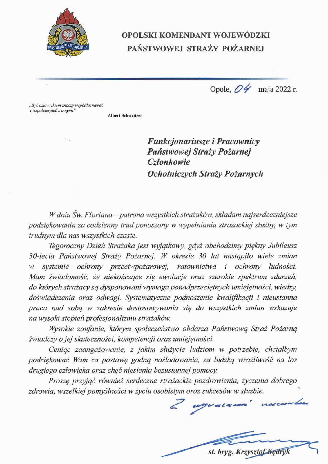 Życzenia Opolskiego Komendanta Wojewódzkiego Państwowej Straży Pożarnej z okazji Dnia Strażaka