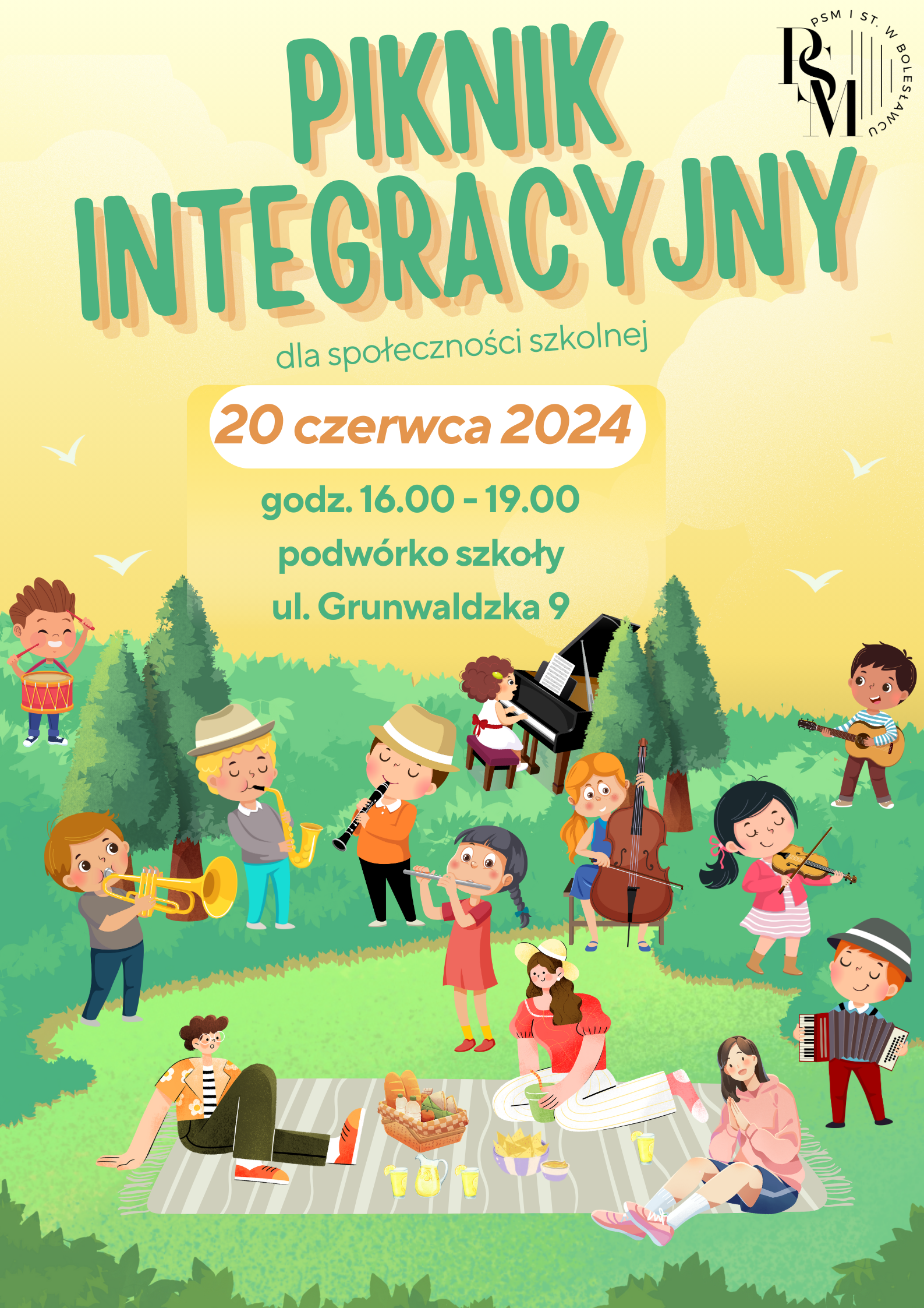 Grafika z widoczną polaną oraz drzewami. Na polanie znajdują się ikonografie postaci grających na różnych instrumentach muzycznych, jak na przykład skrzypce, gitara, wiolonczela, perkusja, fortepian, akordeon, flet, klarnet i saksofon. W centrum siedzą biwakujące na kocu postacie. W tle znajdują się napisy: "Piknik integracyjny dla społeczności szkolnej. 20 czerwca 2024, godz. 16.00 - 19.00. Podwórko szkoły. ul. Grunwaldzka 9".