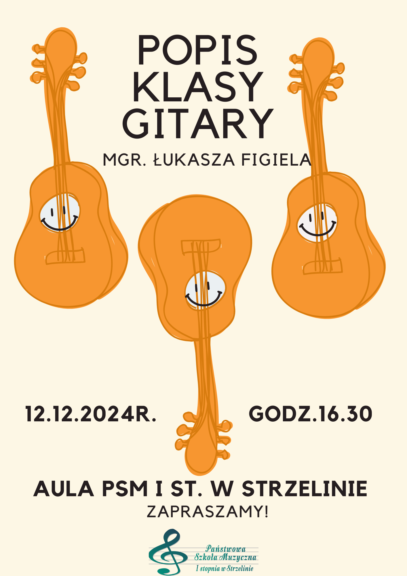Plakat z jasnym tłem oraz grafikami gitar, w centrum znajdują się informacje o wydarzeniu, na dole widnieje logo szkoły
