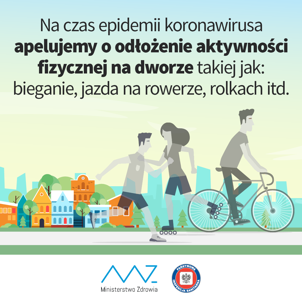 Osoby uprawiające sport na tle domów