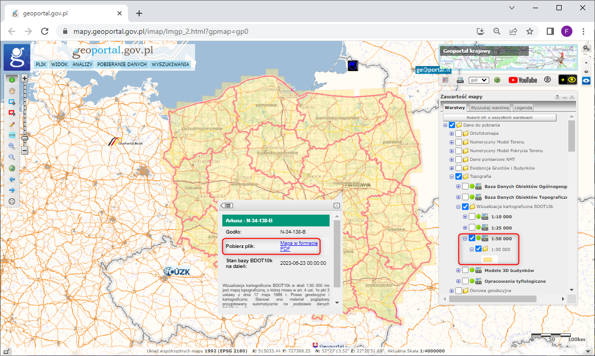 Ilustracja przedstawia zrzut z serwisu www.geoportal.gov.pl pokazujący sposób pobierania wizualizacji kartograficznych BDOT10k