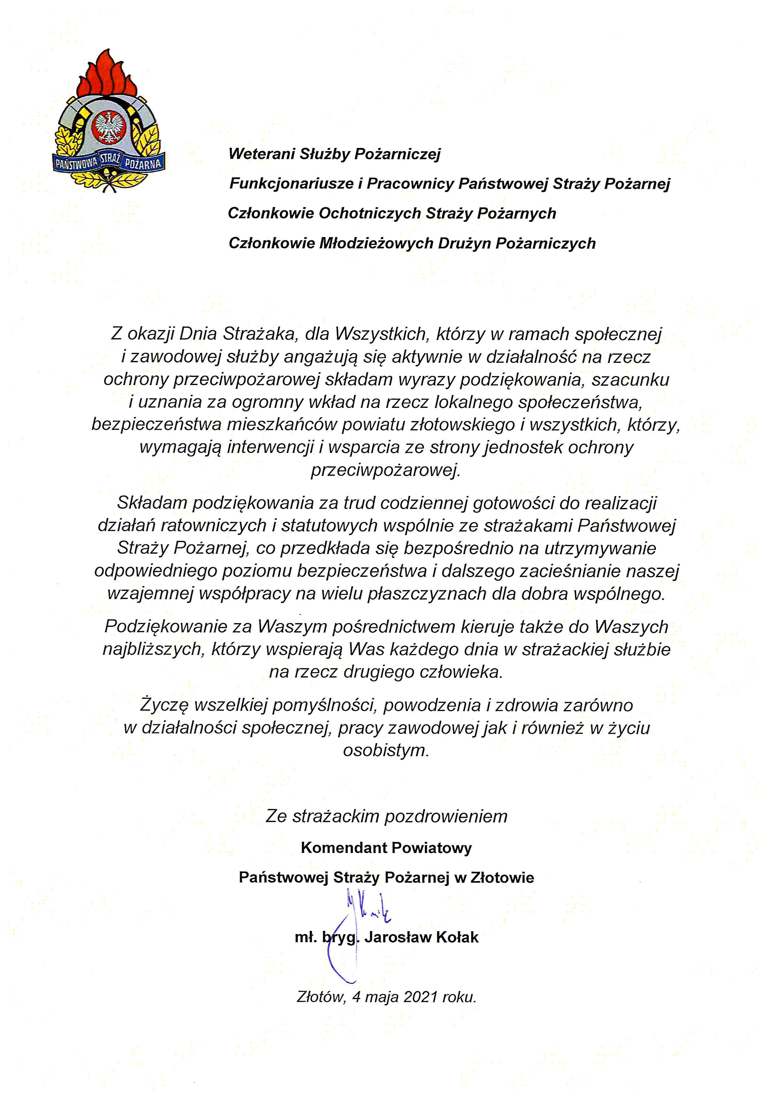 Życzenia Komendanta Powiatowego PSP w Złotowie