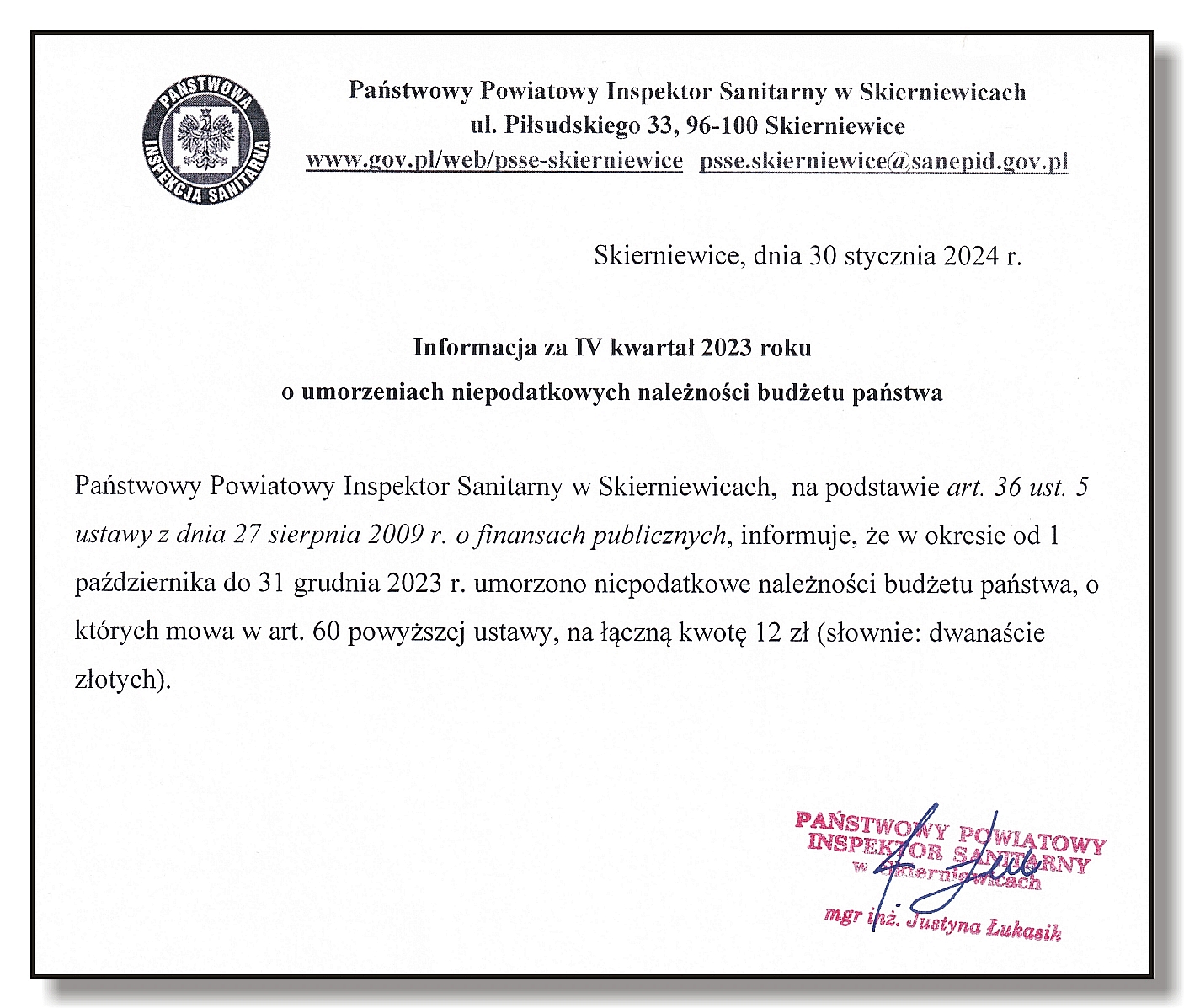 Informacja za IV kwartał 2023 roku o umorzeniach.