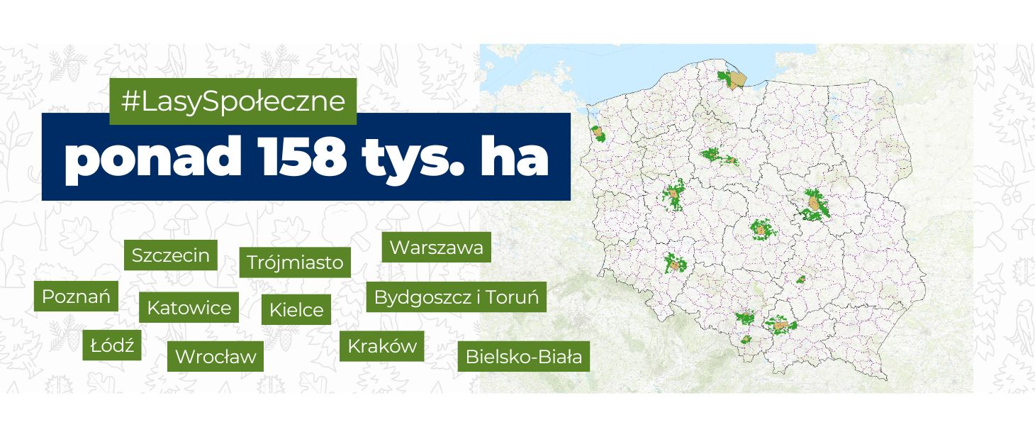 na zdjęciu widnieje napis: #Lasyspołeczne ponad 158 tys. ha. Poniżej wymienione są nazwy aglomeracji, w których utworzono lasy społeczne.