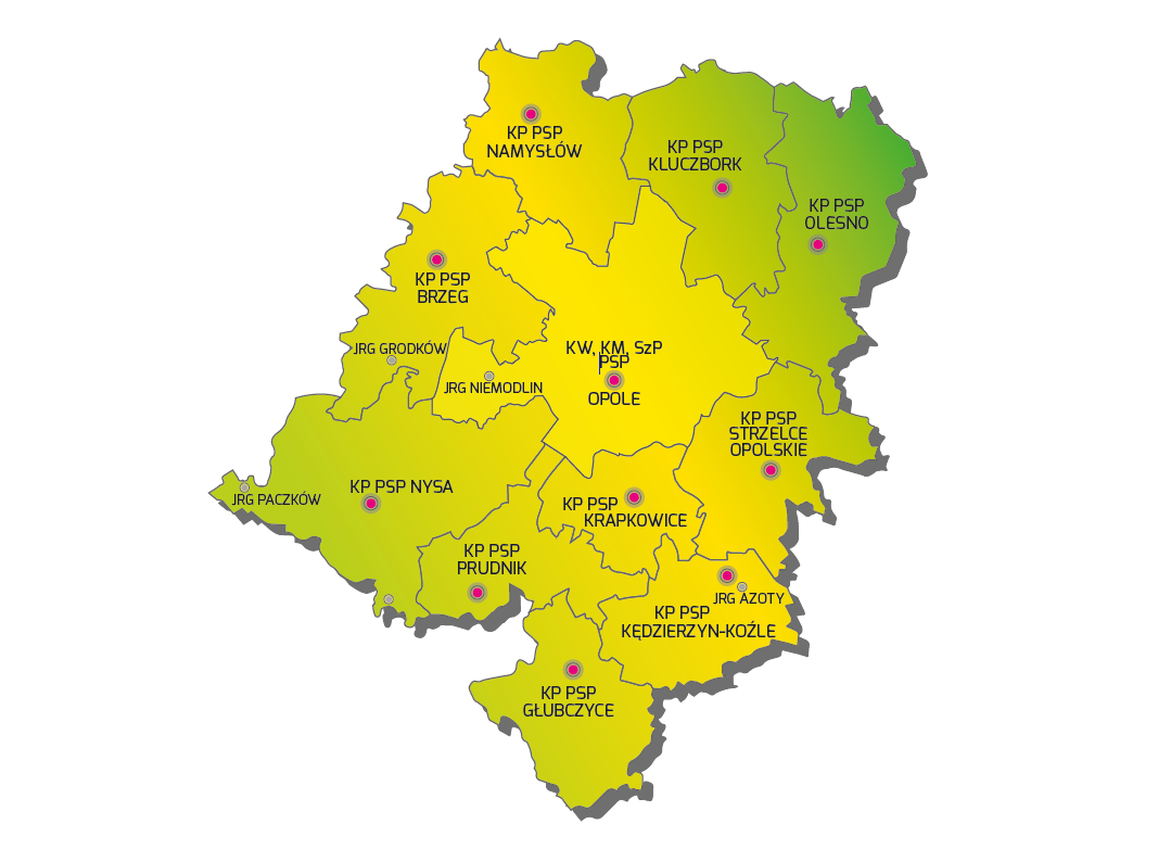 Zdjęcie przedstawia mapę województwa opolskiego z podziałem na komendy.