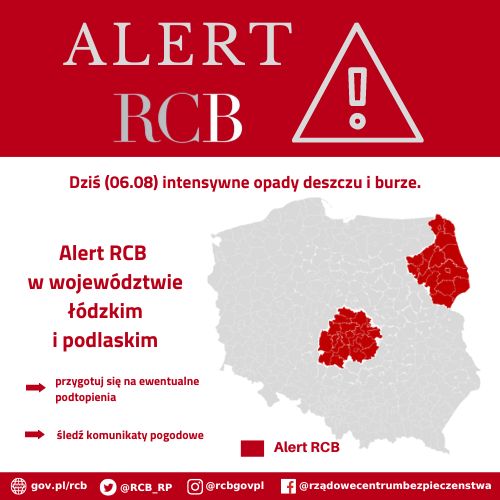 Alert RCB_6 sierpnia intensywne opady deszczu i burze.