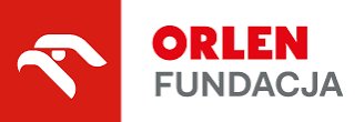 Po prawej na czerwonym tle biały kształt głowy orła, po lewej na białym tle napis ORLEN Fundacja