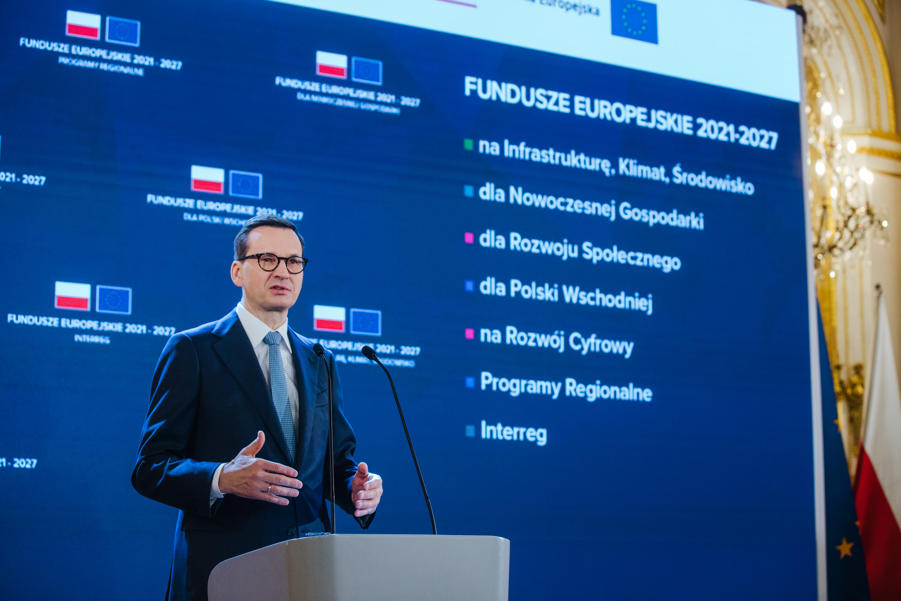 Premier Mateusz Morawiecki podczas uroczystości otwarcia nowej perspektywy finansowej UE na lata 2021-2027.