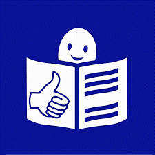 Znak informacyjny - na niebieskim tle symbol książki a na jej tle dłoń z kciukiem uniesionym do góry