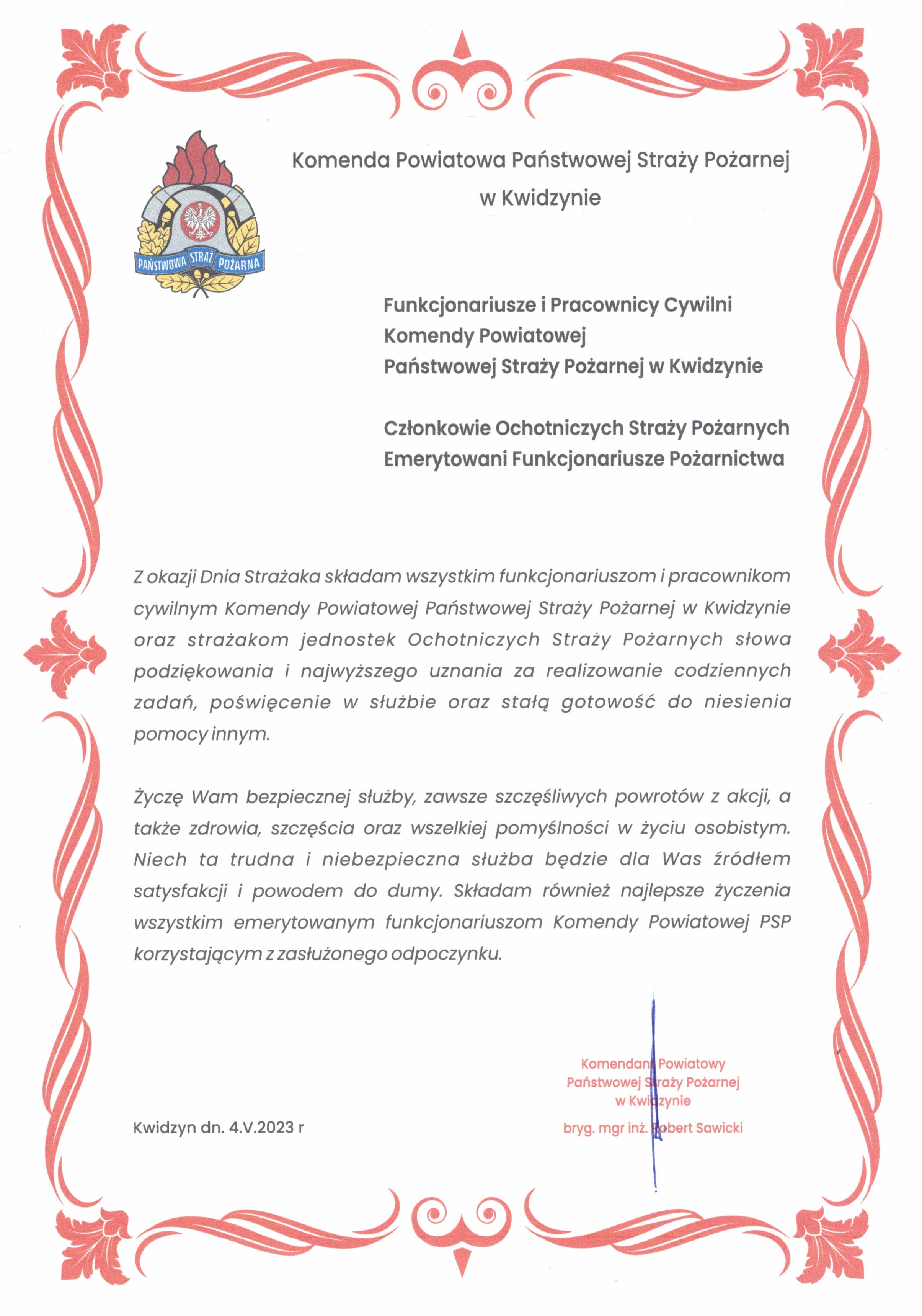 ŻYCZENIA KOMENDANTA POWIATOWEGO PAŃSTWOWEJ STRAŻY POŻARNEJ W KWIDZYNIE Z OKAZJI DNIA STRAŻAKA