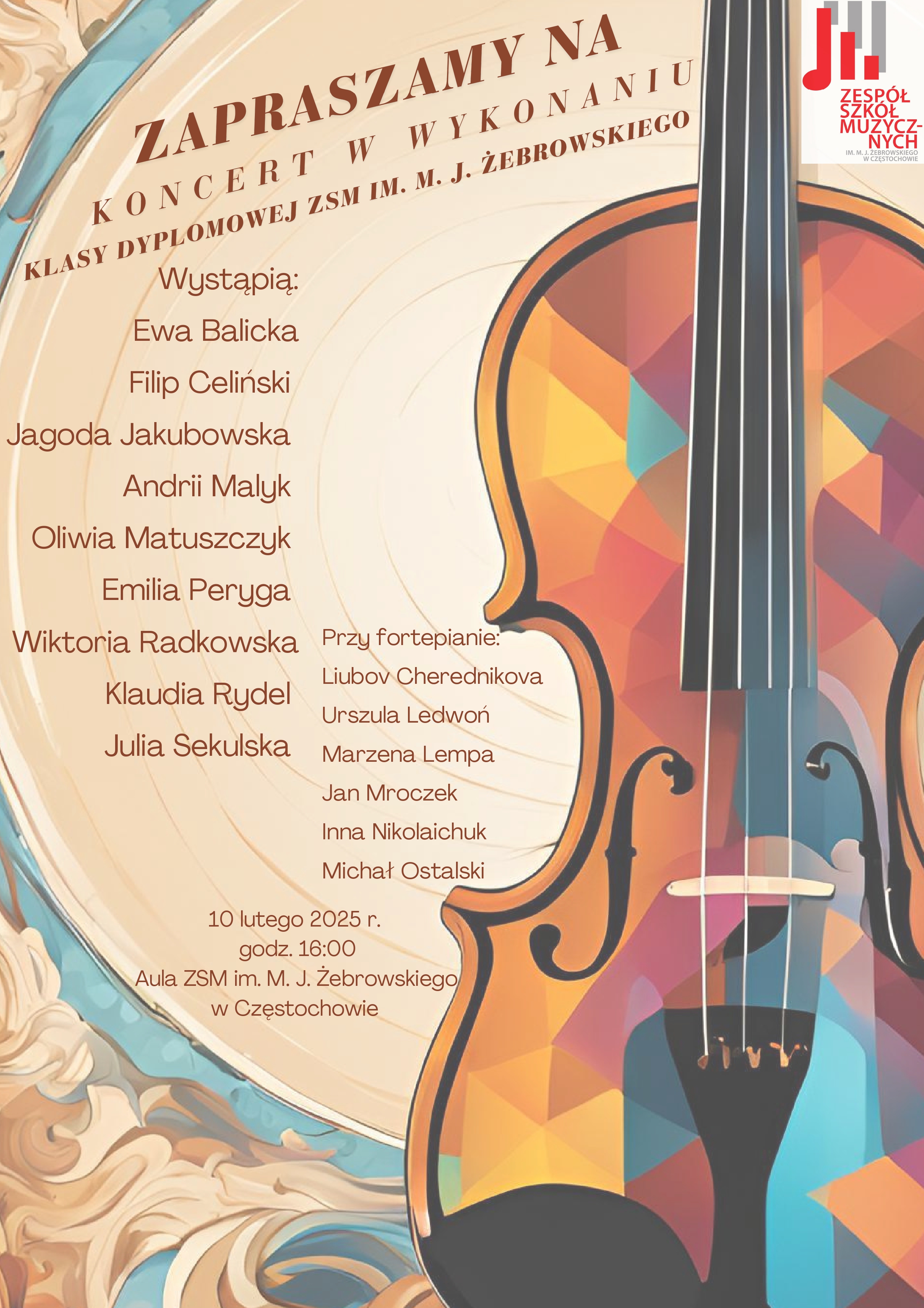 Kolorowe tło z grafiką wiolonczeli, tekst dotyczący koncertu dyplomantów w Auli ZSM 10 lutego o godz. 16.00