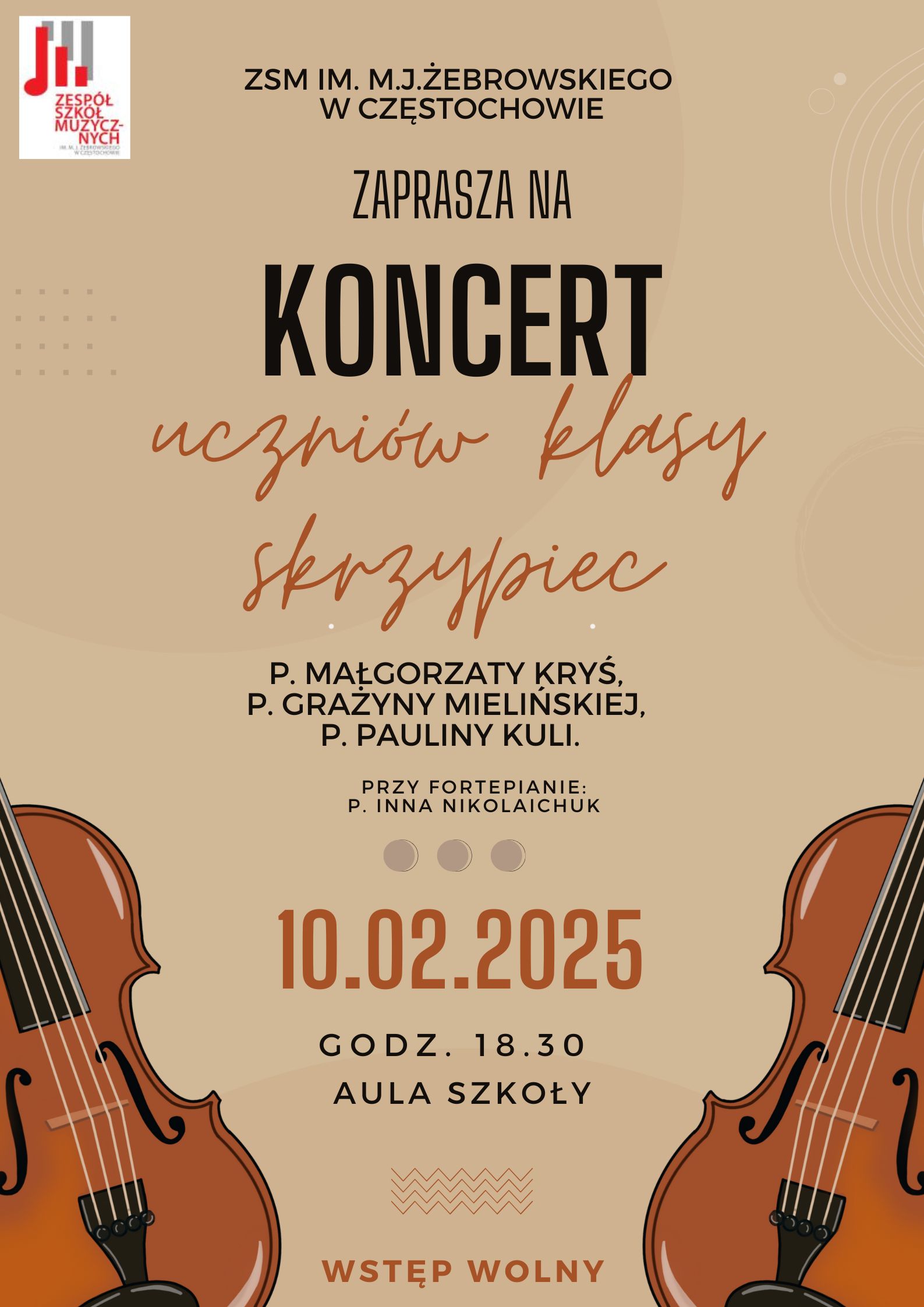Beżowe tło, grafika skrzypiec, tekst dotyczący koncertu klasy skrzypiec p. Małgorzaty Kryś, Grażyny Mielińskiej, Pauliny Kuli