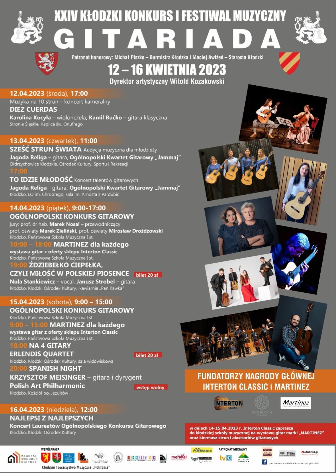 Plakat na szarym tle ze zdjęciami osób grających na gitarze po prawej stronie, logami sponsorów i patronów medialnych na dole plakatu oraz szczegółowymi informacjami dotyczącymi XXIV Kłodzkiego Konkursu i Festiwalu Muzycznego Gitariada 12-16 kwietnia 2023