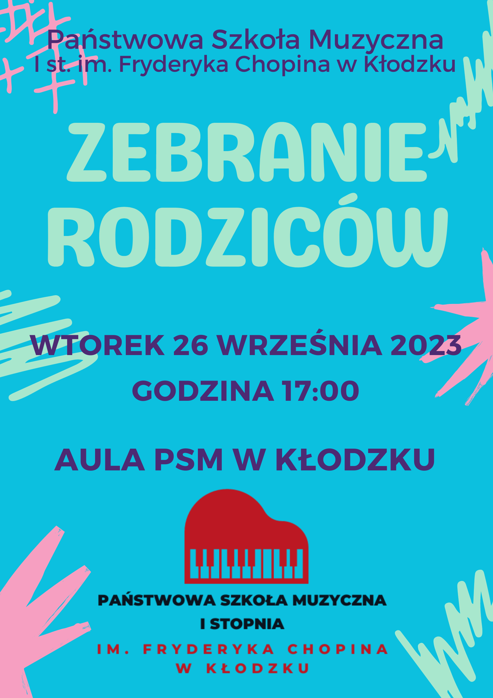 Plakat na niebieskim tle z informacją tekstową dotyczącą zebrania rodziców w PSM w Kłodzku dnia 26 września o godzinie 17:00