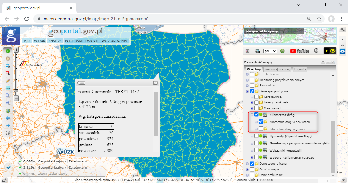 Ilustracja przedstawia zrzut ekranu z serwisu www.geoportal.gov.pl prezentujący usługę "Kilometraż dróg"