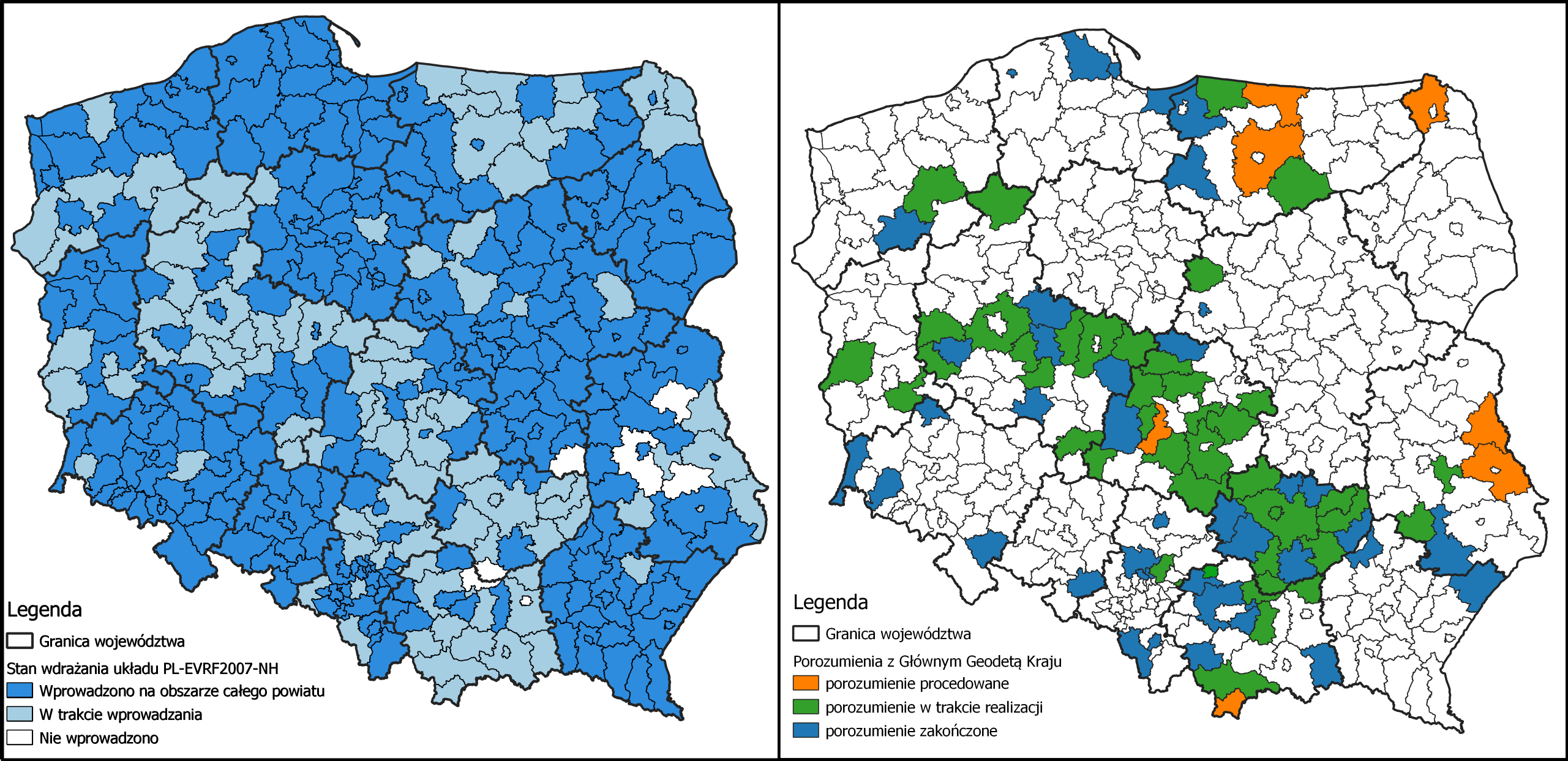 Ilustracja przedstawia zetawione obok siebie 2 mapy Polski z oznaczonym kolorystycznie: stanem wdrożenia układu PL-EVRF2007-NH w powiatach po lewej stronie i powiatami, z którymi zawarte zostało porozumienie po prawej stronie.