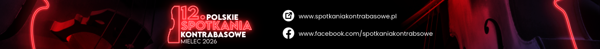 utrzymany w czerwono-czarnych odcieniach baner z rozmytymi zdjęciami kontrabasu w tle, z logiem 12. Polskich Spotkań Kontrabasowych Mielec 2026 oraz linkami do strony www.spotkaniakontrabasowe.pl i www.facebook.com/spotkaniakontrabasowe