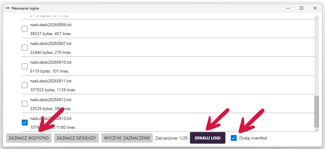 Wybieranie logów do paczki w aplikacji NASK Desk.