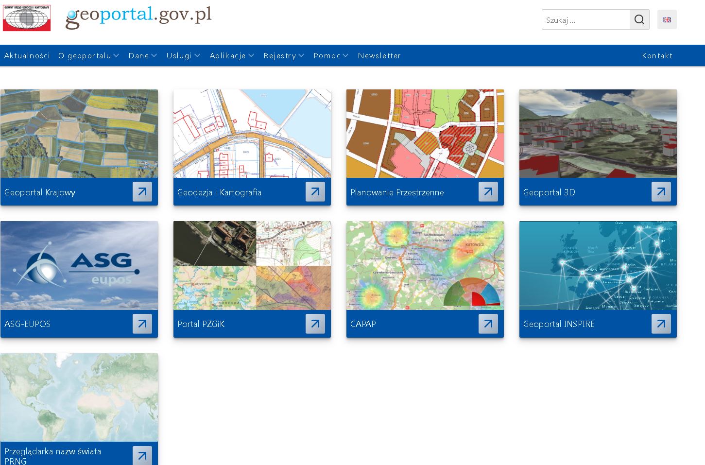 Ilustracja przedstawia stronę główną Geoportalu z nową kompozycją "Geodezja i Kartografia"