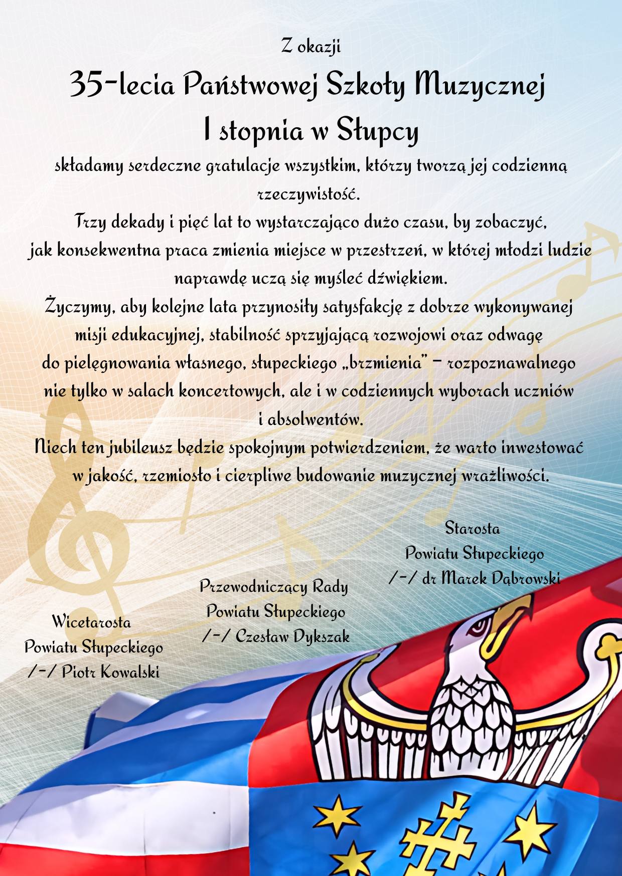 List gratulacyjny, pod nim oraz podpisy kilku osób grafika flagi powiatu, białe tło