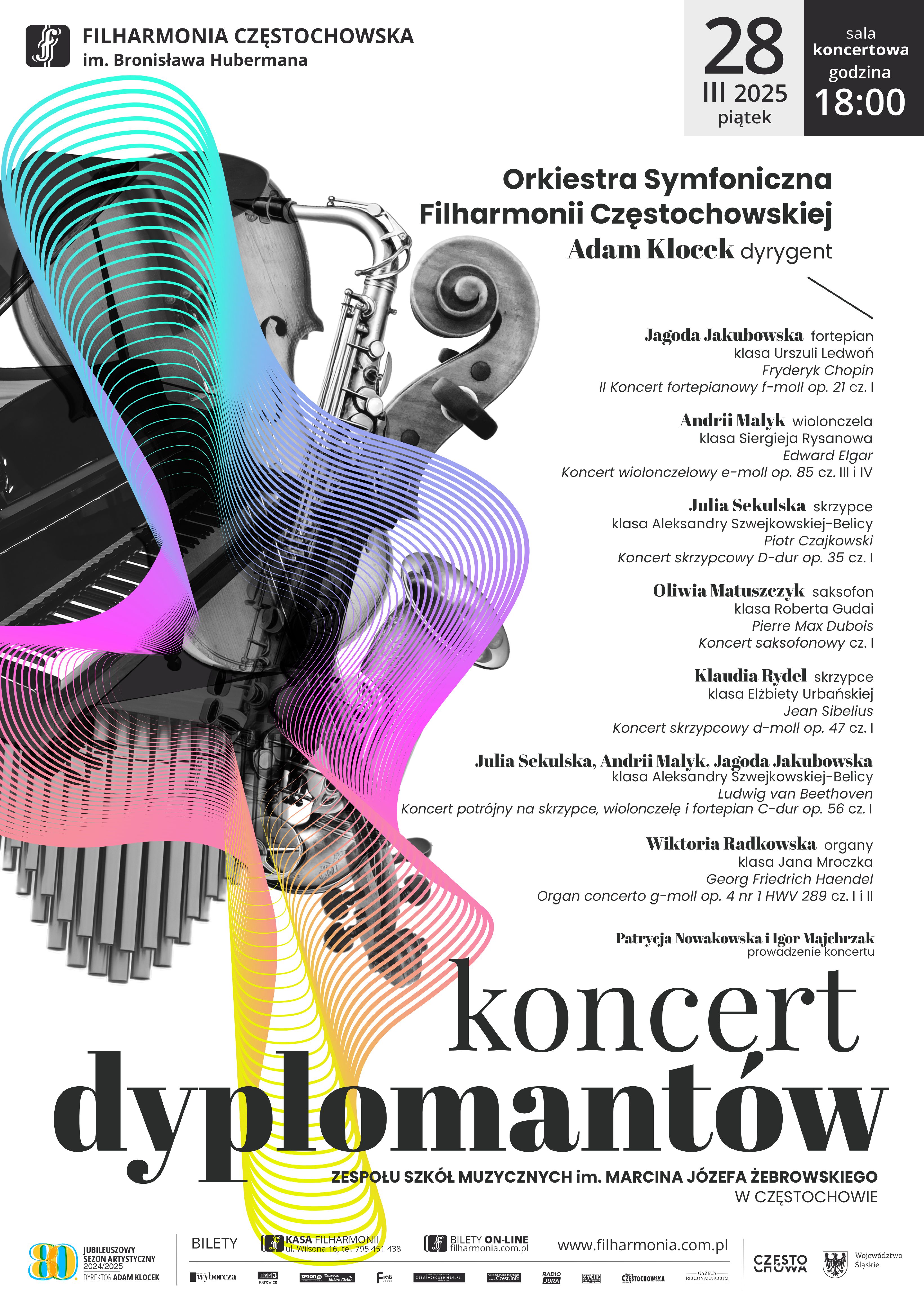 Białe tło, kolorowa grafika instrumentów, tekst dotyczący koncertu dyplomantów ZSM w Filharmonii w Częstochowie, 28 marca 2025 r. godz. 18.00