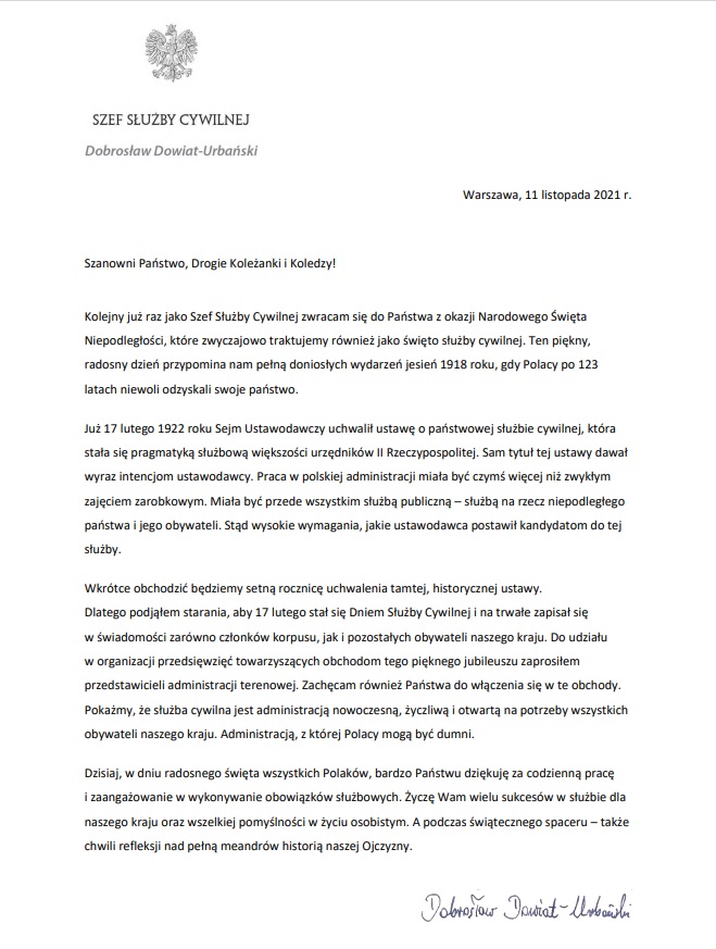 List Szefa Służby Cywilnej do członków korpusu służby cywilnej