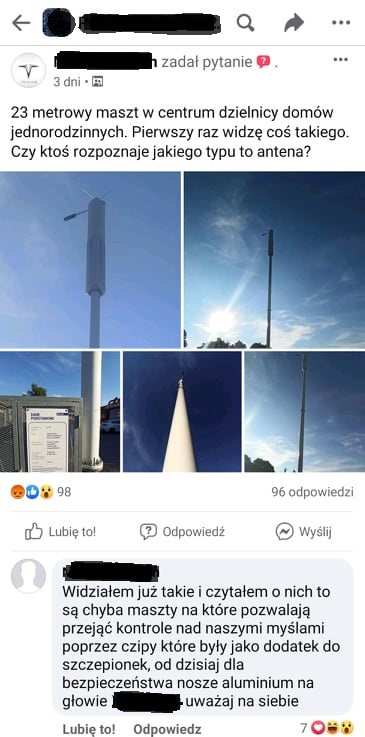 Zrzut ekranu z jednego z forum, na którym widać nowe maszty sieci telefonii komórkowej wraz z komentarzem: "Widziałem już takie i czytałem o nich to są chyba maszty na które pozwalają przejąć kontrole nad naszymi myślami (...)".