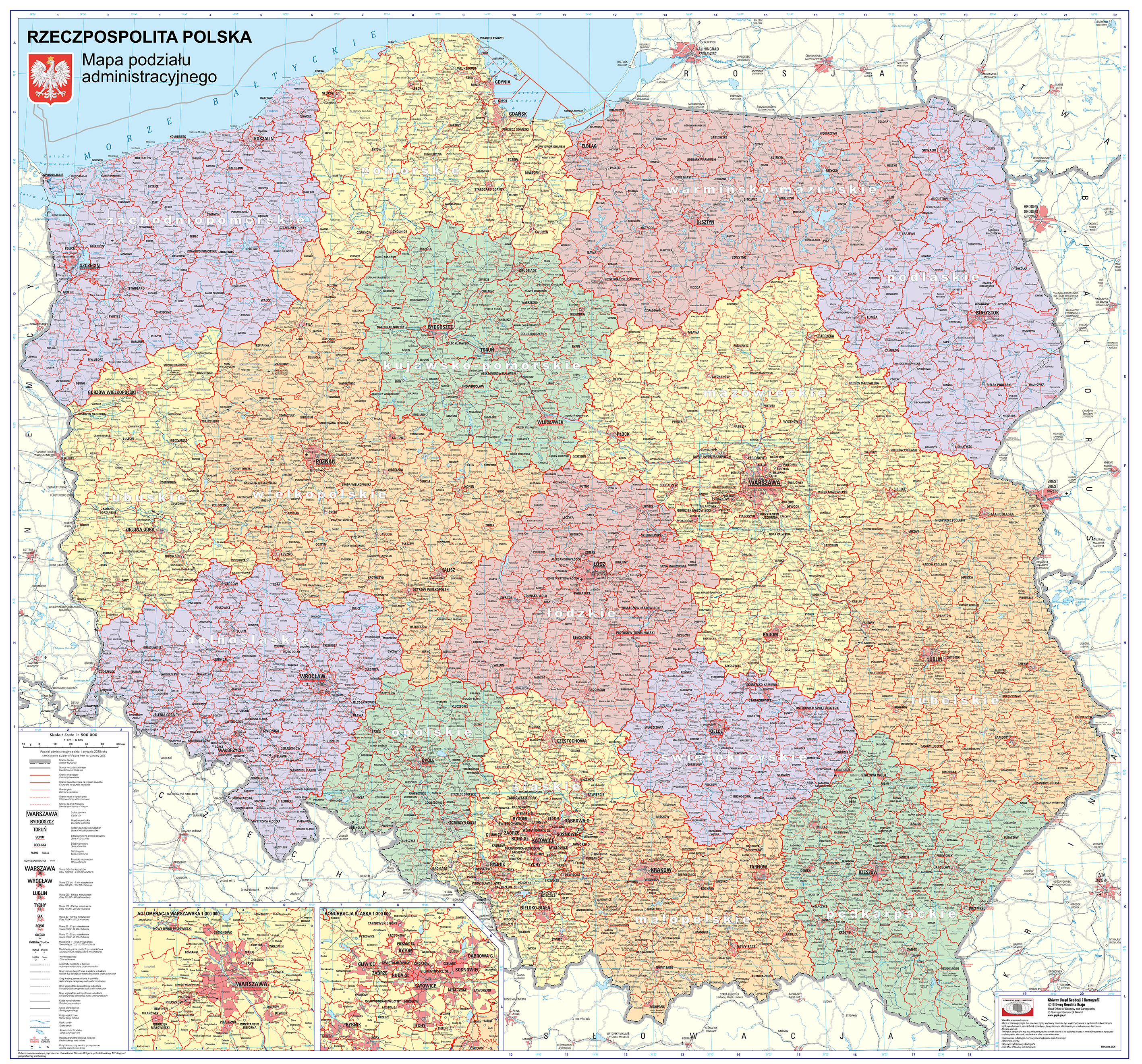 Ilustracja przedstawia opracowaną przez GUGiK mapę administracyjną – wydanie 2025 r. 