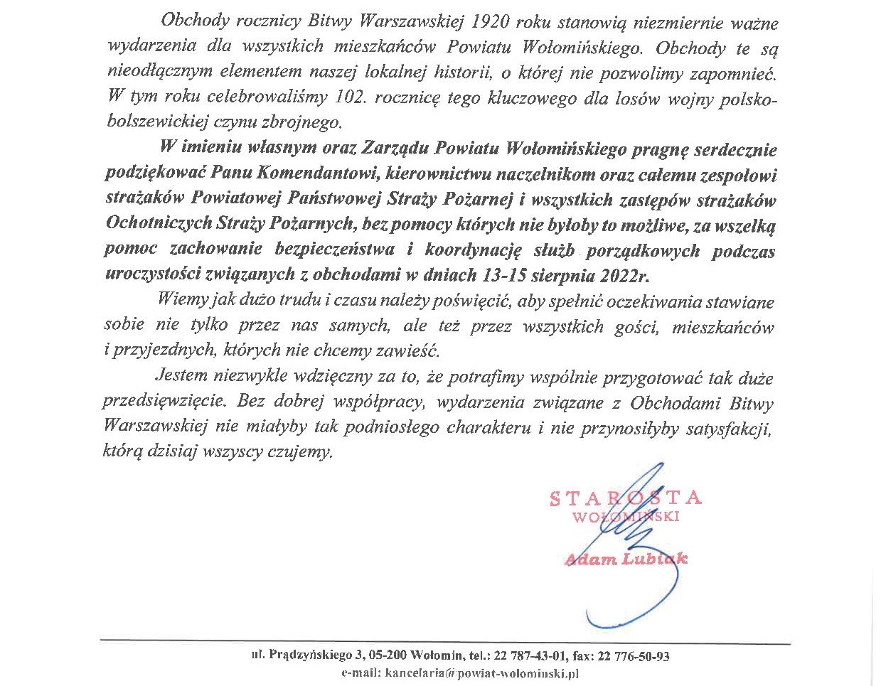 Podziękowania za współpracę podczas organizacji Obchodów 102 Rocznicy Bitwy Warszawskiej 1920 roku 