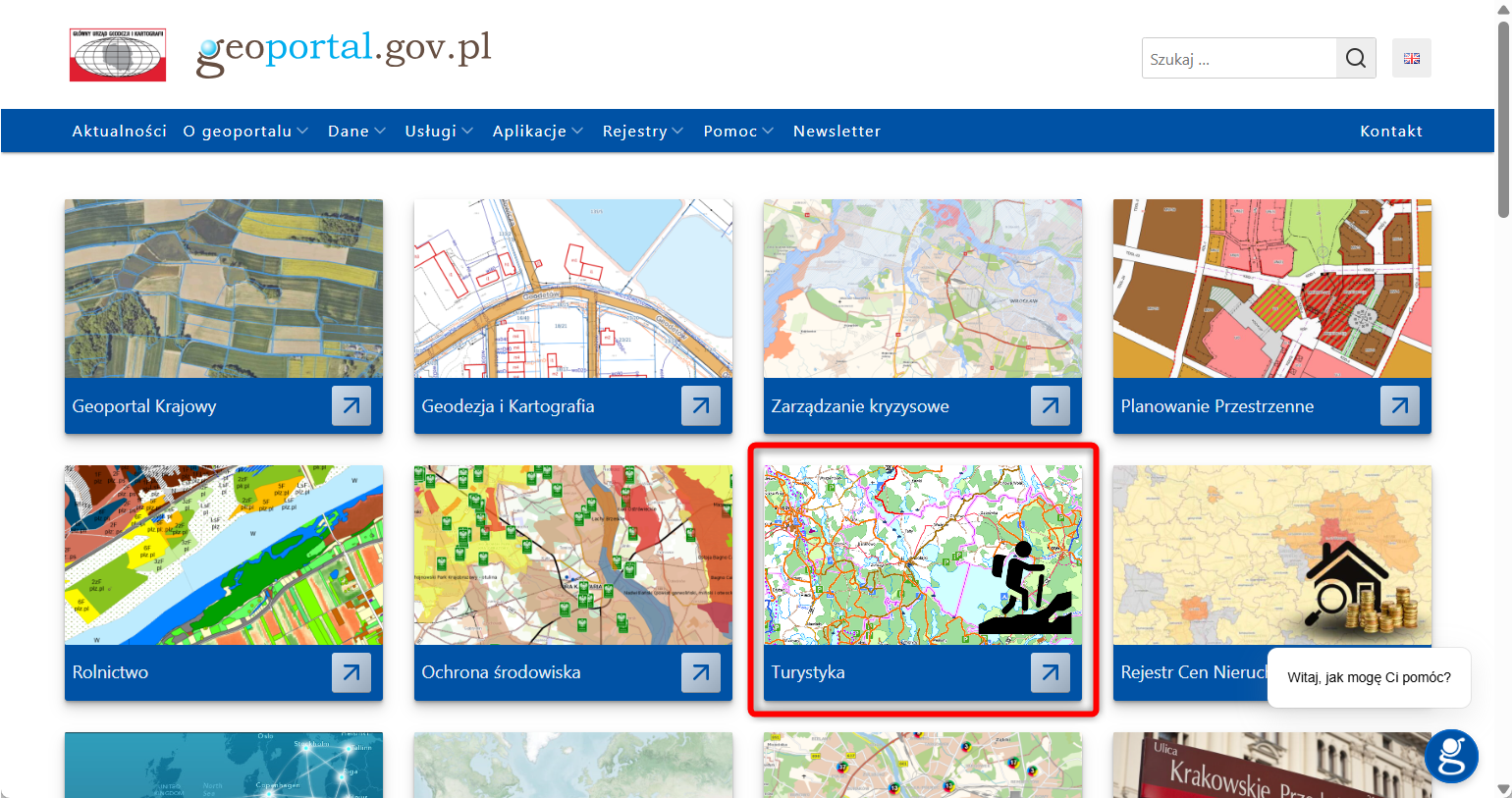 Rysunek przedstawia stronę główną serwisu geoportal.gov.pl z widocznym nowym kafelkiem do modułu "Turystyka"