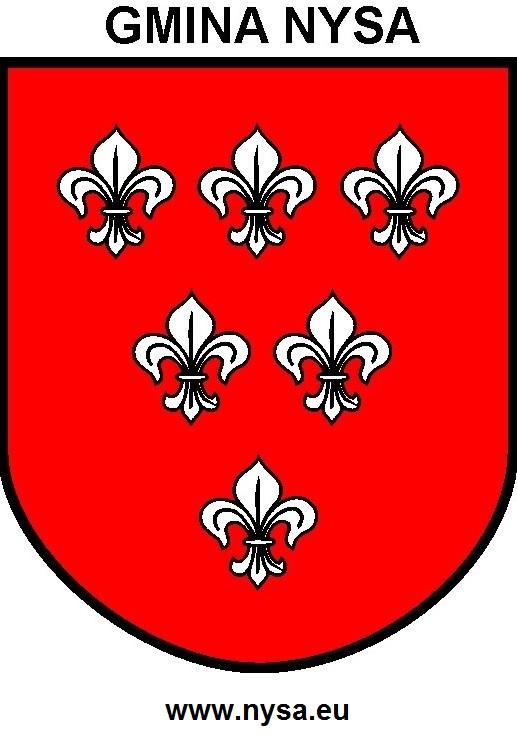 Herb Nysy - czerwona tarcza, na niej 6 białych lilii rozmieszczonych rzędami - 3 - 2 - 1 na górze napis Gmina Nysa, na dole www.nysa.eu