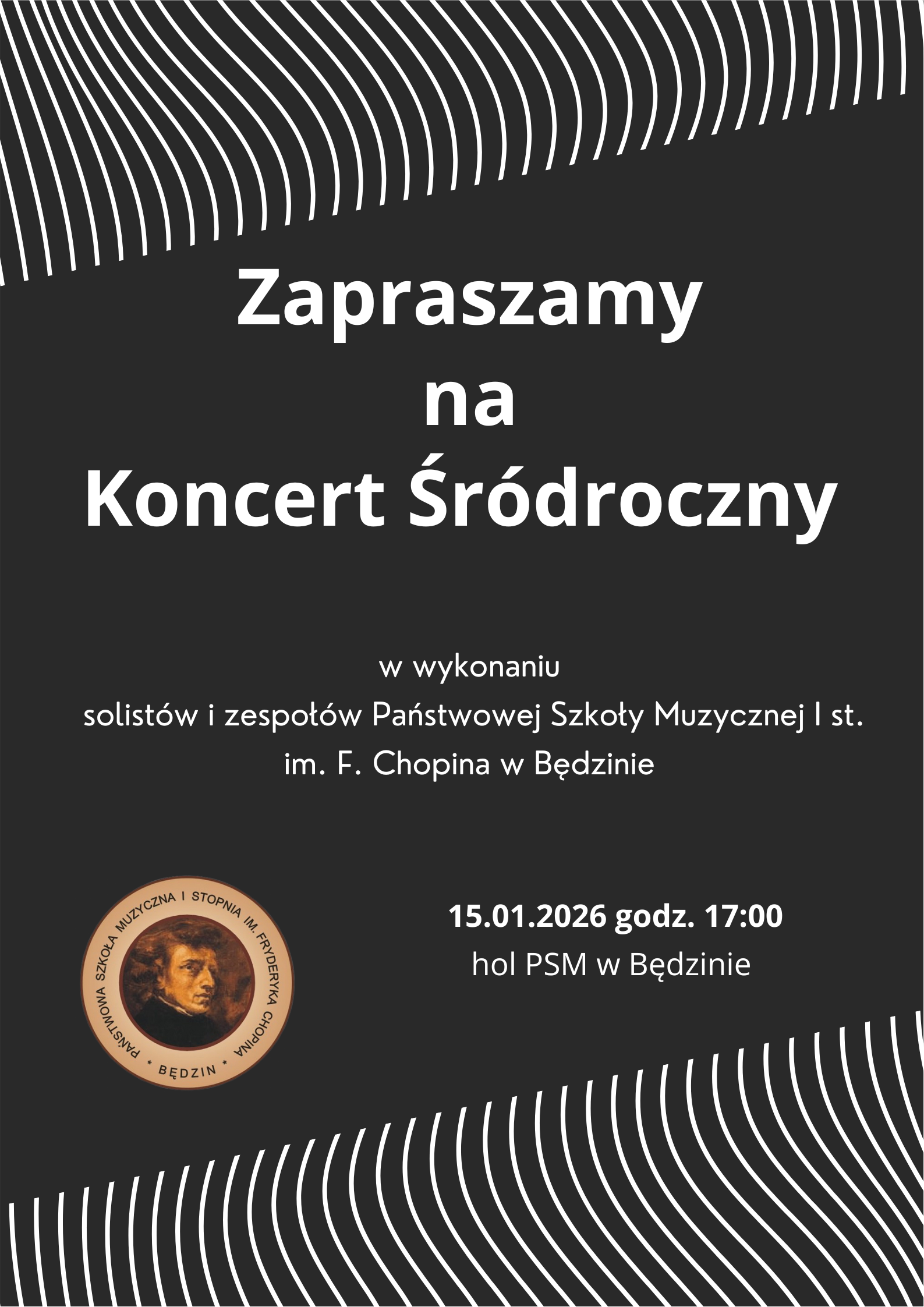 plakat na czarnym tle, na środku opisy, na dole i od góry białe kreski