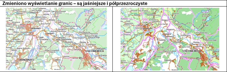 Ilustracja przedstawia zmieniony sposób wyświetlania granic – są jaśniejsze i półprzezroczyste oraz sposób wyświetlania granic przed zmianą