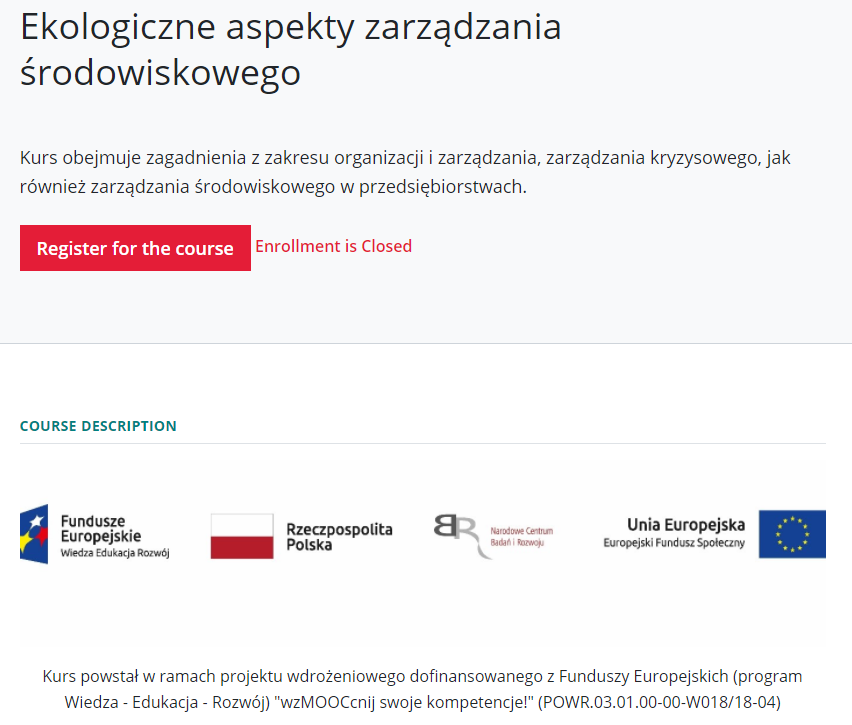 Zrzut z ekranu z platformy navoica.pl. Przedstawienie kursu „Ekologiczne aspekty zarzadzania środowiskowego”. Kurs obejmuje zagadnienia z zakresu organizacji i zarządzania, zarządzania kryzysowego, jak również zarządzania środowiskowego w przedsiębiorstwach